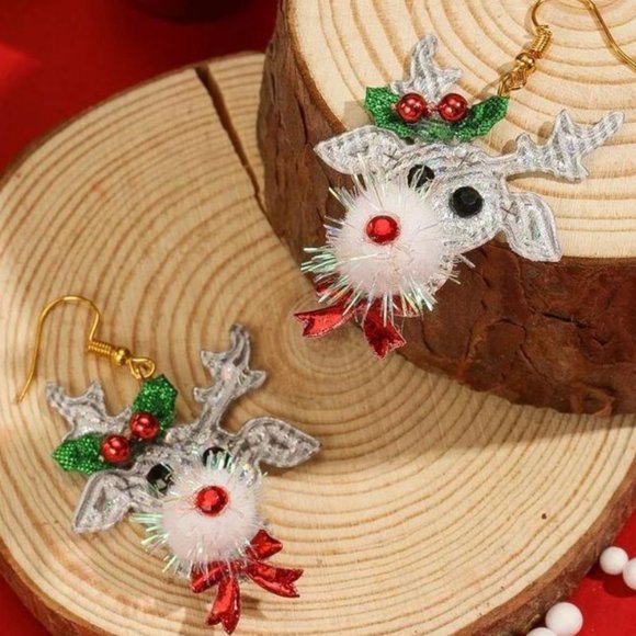 Reindeer Christmas Earrings in Silver - Picture 2 of 4